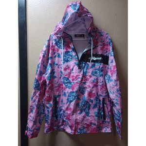 Offbeat pullover half zip hooded pink and blue floral lightweight rain jacket